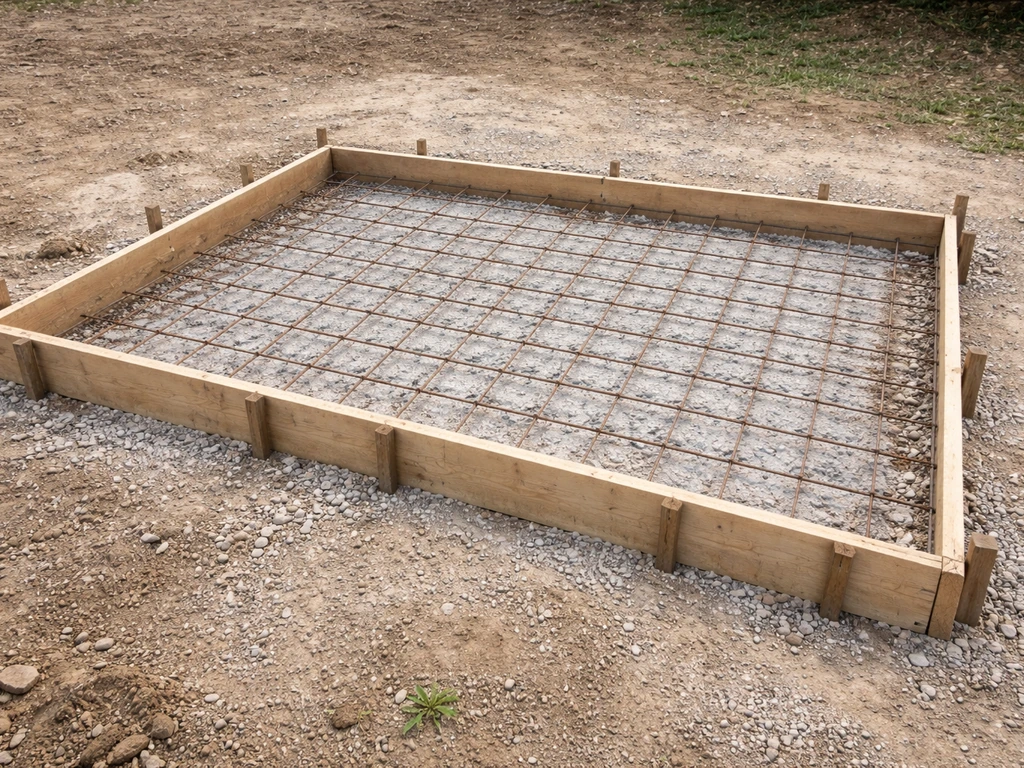 Coffrage en bois et treillis de ferraillage pour une petite dalle piétonne, prêt avant coulage.