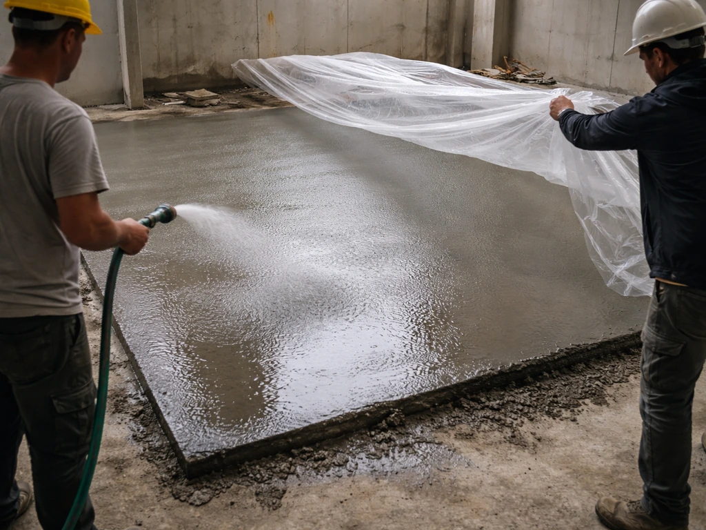 Travail de cure du béton : surface arrosée et recouverte d’une bâche humide pour éviter un séchage trop rapide.