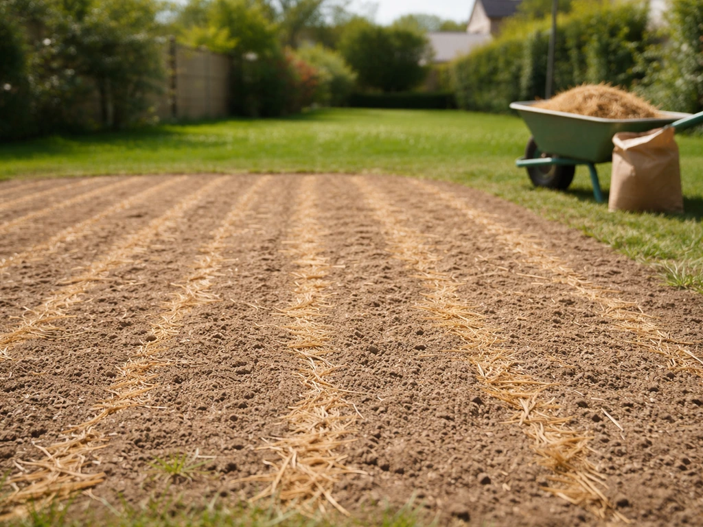 Pelouse fraîchement semée dans un jardin français, terre ratissée et paillage léger juste avant la levée