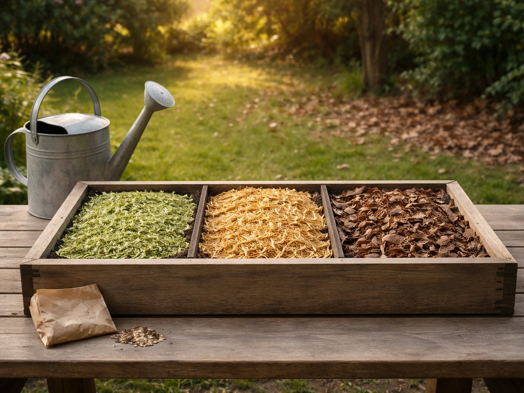 Bac de semis en terre avec trois zones de paillis pour printemps, été et automne, arrosoir à côté, lumière naturelle.