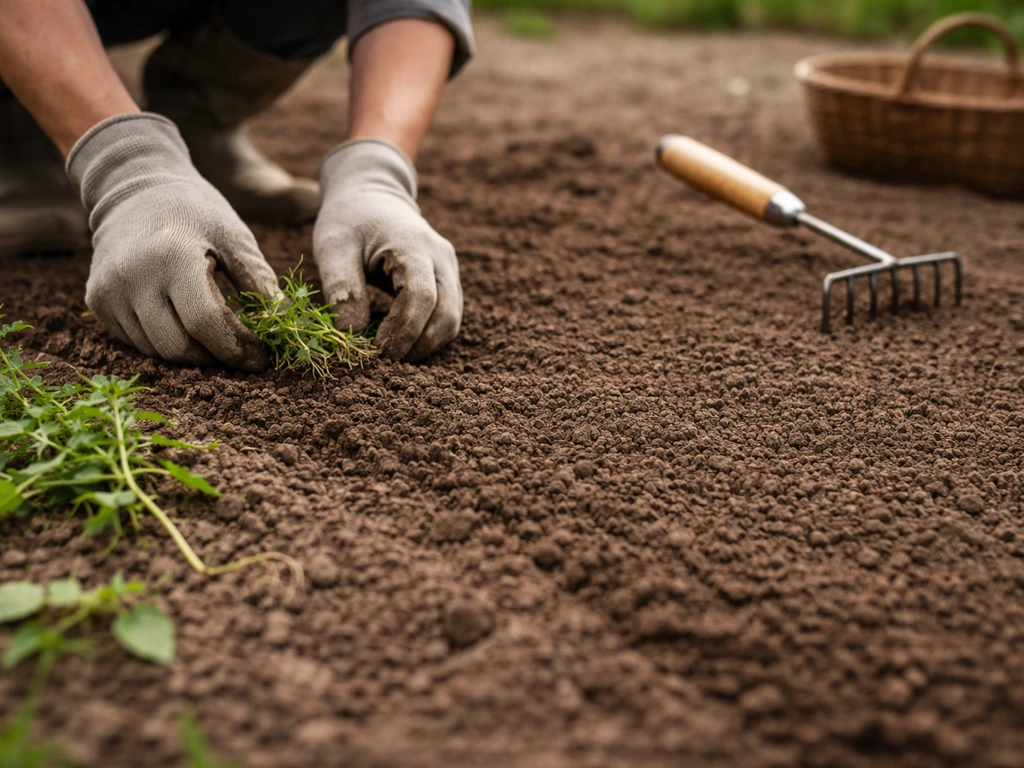 Jardinier désherbant et ratissant un sol fin et propre prêt à semer, en lumière naturelle