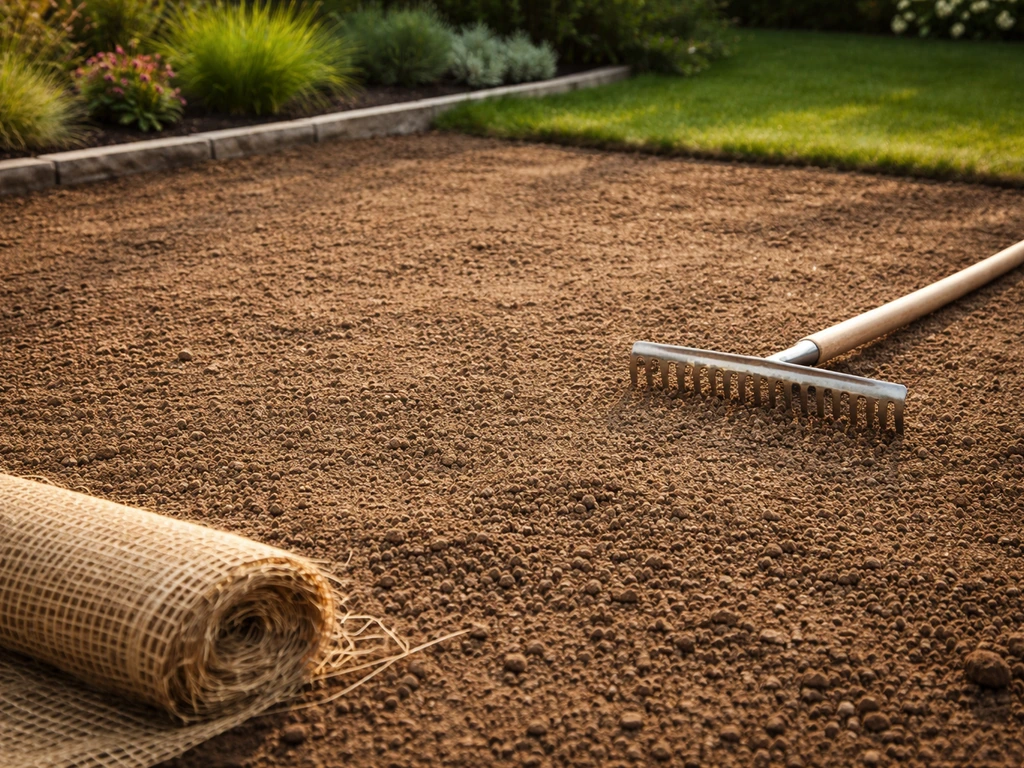 Sol de jardin finement émietté et râteau avant semis, ambiance de jardin soignée en France.
