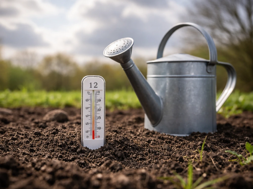 Thermomètre de jardin près d’un arrosoir, ciel changeant, illustrant des contraintes météo pour semis sans gel.