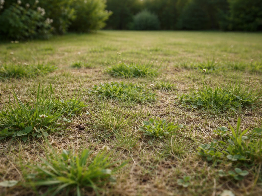 Pelouse clairsemée avec zones claires et touffes d’herbes adventices, avant intervention
