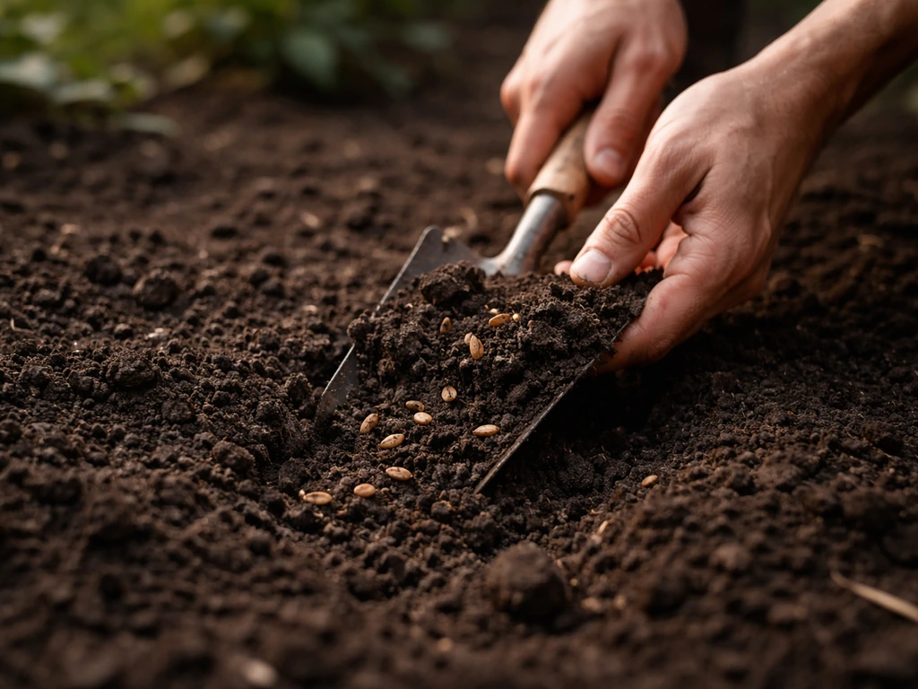 Mains anonymes retournant une terre sombre avec des graines visibles, ambiance de jardin prêt à germer.
