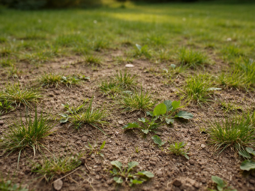 Pelouse clairsemée avec terre visible et petites herbes adventices entre touffes d’herbe