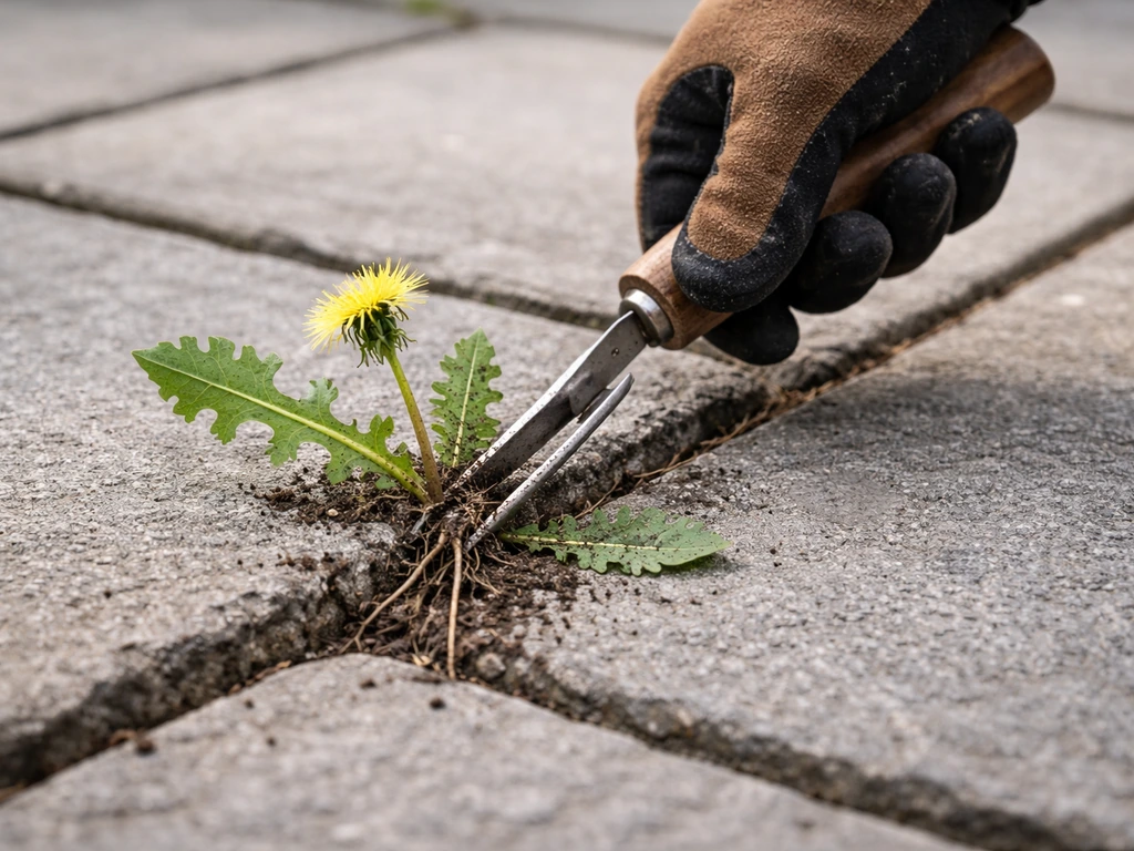 Main gantée utilisant un tire-pissenlit en V pour extraire une racine de pissenlit entre deux dalles.