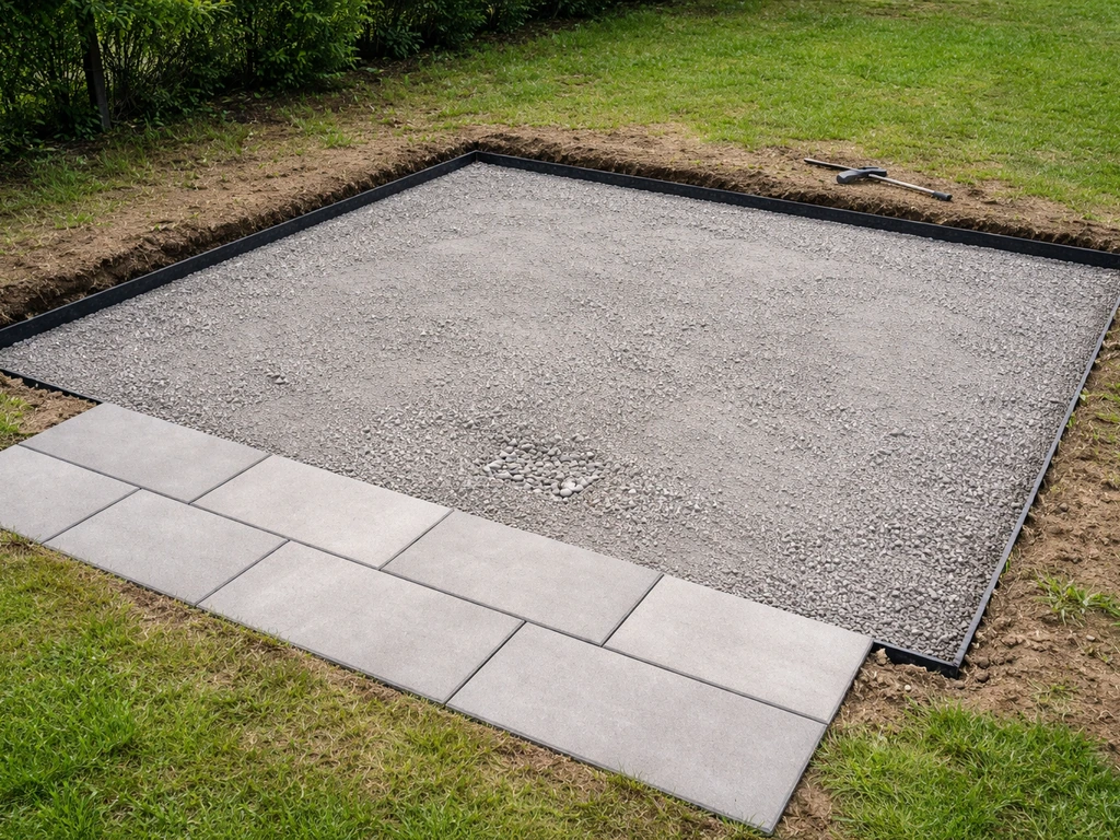 Terrasse en dalles sur herbe partiellement préparée : bordures, lit de pose et pentes visibles autour des dalles.