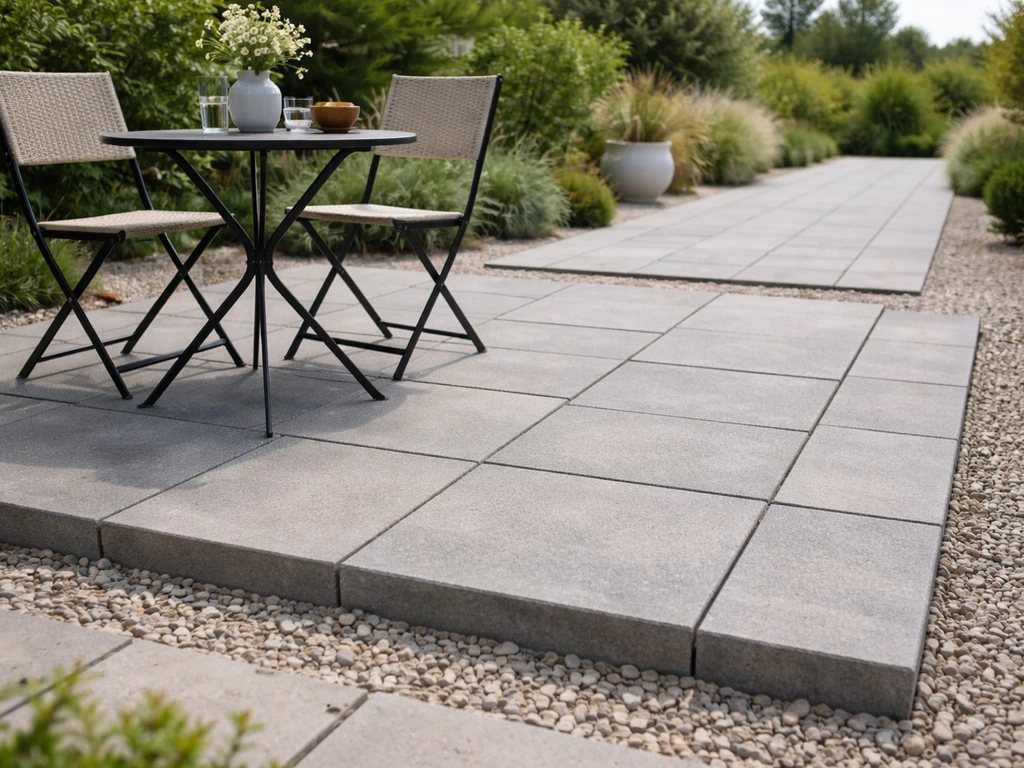 Terrasse extérieure simple avec dalles posées, gravier sous la surface et une zone repas au premier plan.