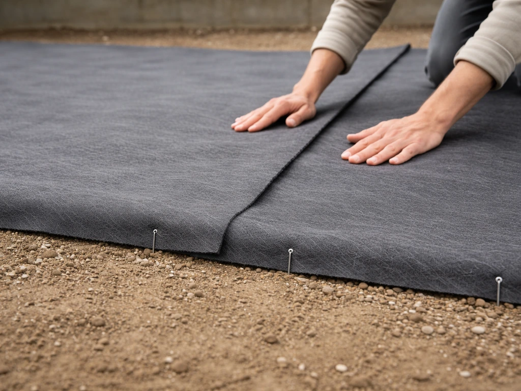 Pose d’un géotextile anti-mauvaises herbes sur une fouille compactée, bandes chevauchées, avant la pose des dalles.