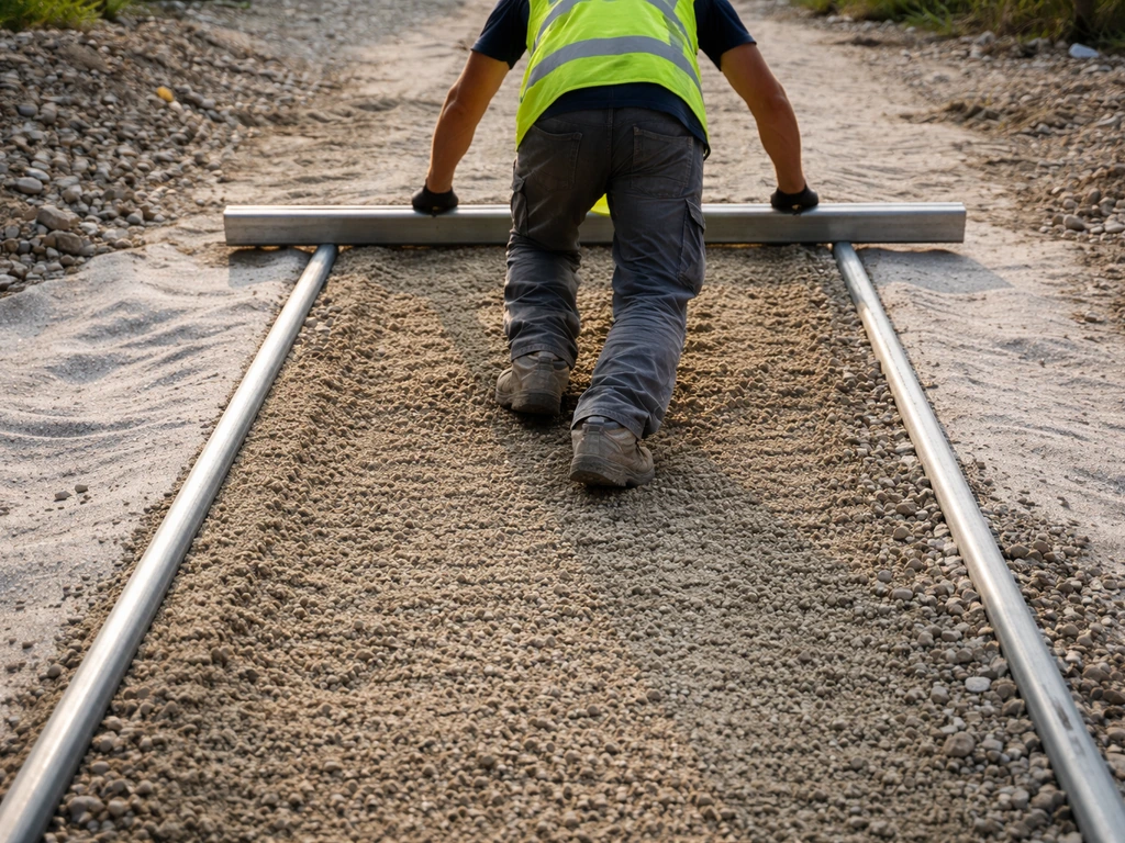 Ouvrier anonyme réglant un lit de sable sur un sol, rails métalliques et préparation avant pose de dalles