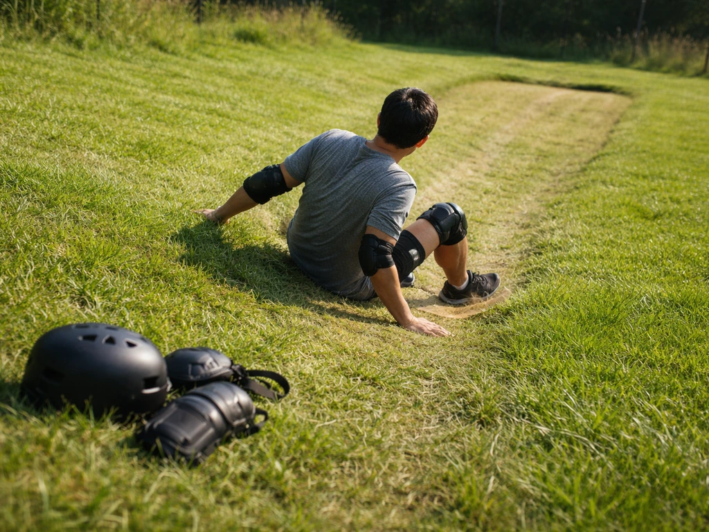 Une personne glisse sur une pente d’herbe bien entretenue, zone d’arrivée dégagée et protections visibles.
