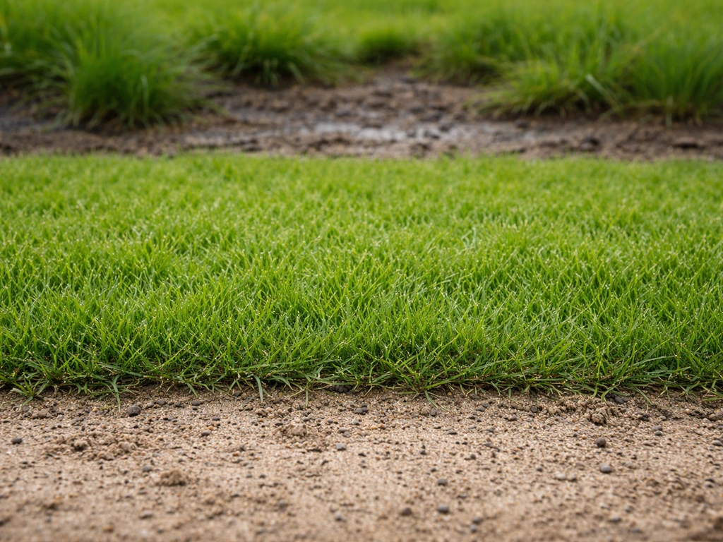 Herbe tondue sur sol sablo-limoneux drainant, comparée à une zone plus argileuse humide, en gros plan.