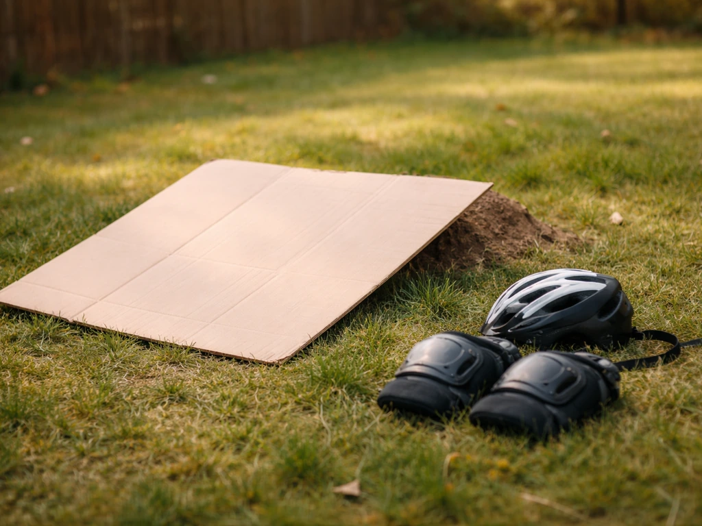 Carton épais incliné sur l’herbe avec casque et genouillères posés à côté, prêt pour glisser.