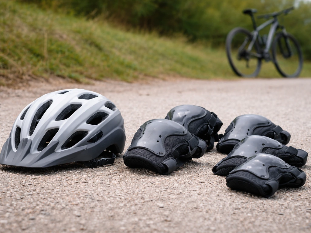 Casque vélo, genouillères et coudières posés sur un sol près d’un vélo, prêts pour la descente.