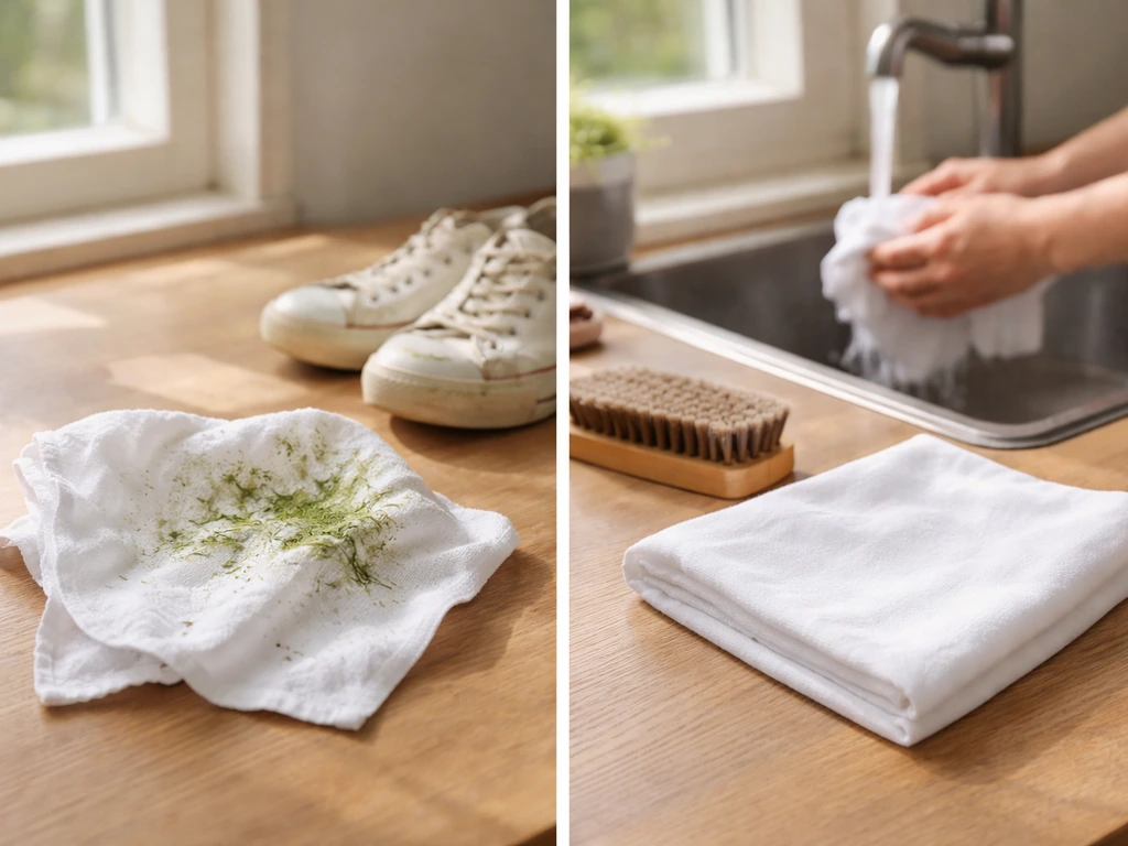Tissu clair taché d’herbe avant/après rinçage, brosse à chaussures et chaussures avec traces vertes résiduelles.
