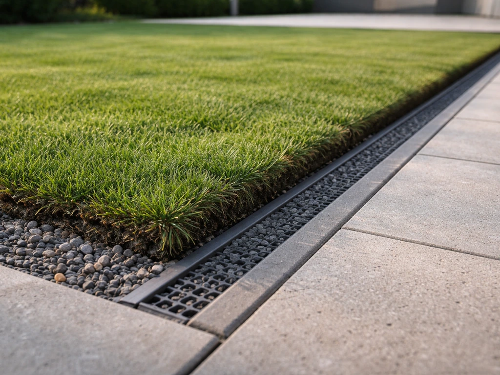Terrasse avec jeune gazon en rouleaux et drainage visible le long des bordures