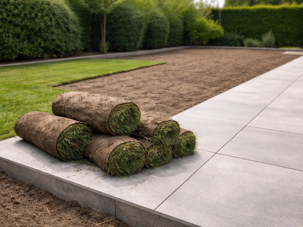 Terrasse de plain-pied en béton avec dalles, rouleaux de gazon en cours de pose et pente légère.