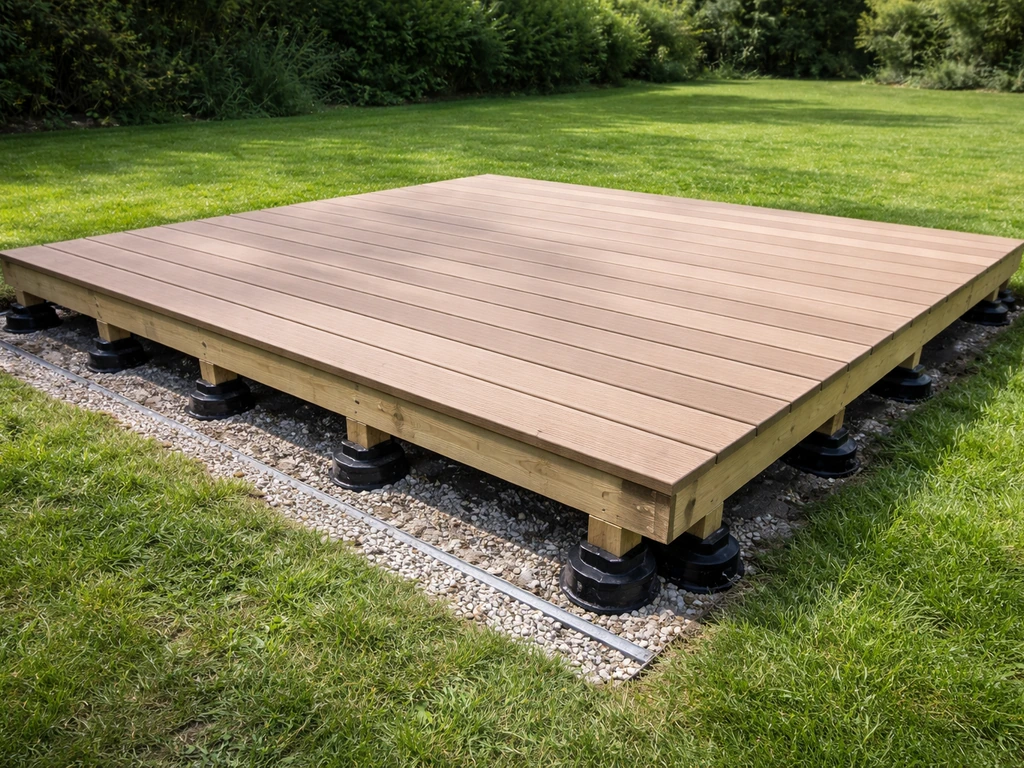 Terrasse en bois sur pelouse, structure sur plots avec petit système de drainage sur le côté, vue réaliste.