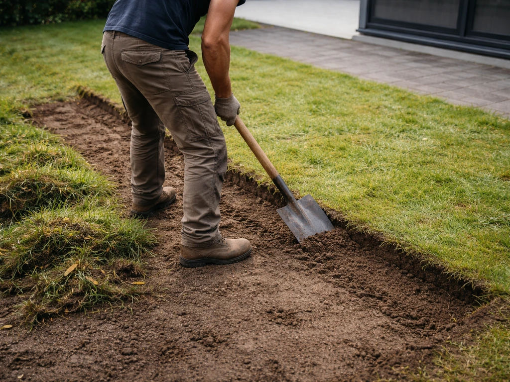 Bêche plate dans une zone de terrasse, herbe et racines retirées sur quelques centimètres, sol nu et propre.