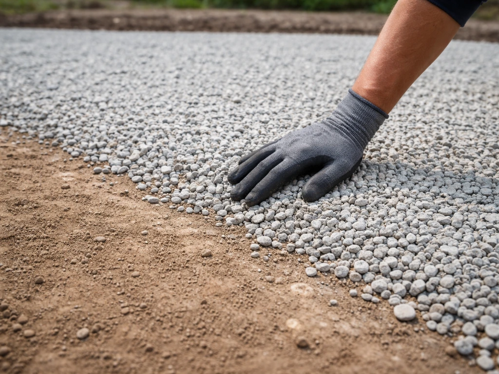 Travail de drainage : gravier drainant étalé sur une surface de sol décapée, après une préparation du terrain.