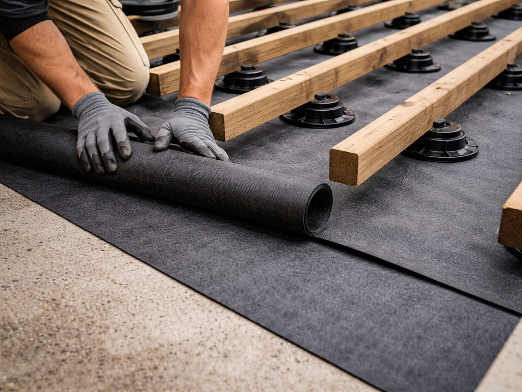 Géotextile posé puis premières lambourdes sur plots pour démarrer l’installation d’une terrasse en bois.