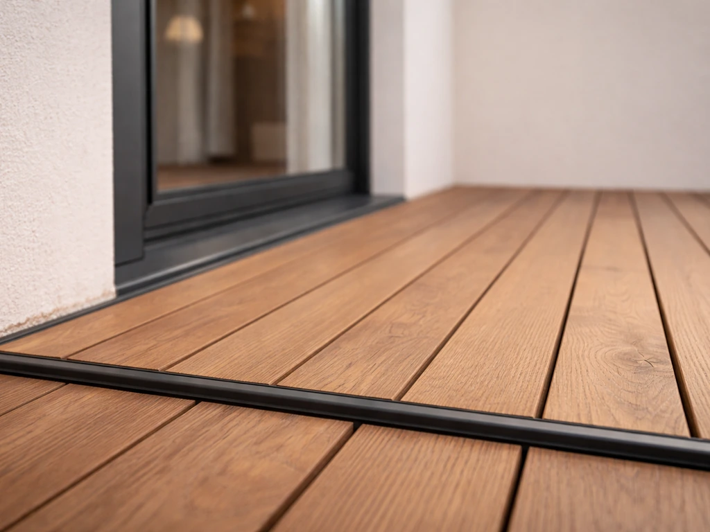 Raccord propre entre terrasse en lames de bois et seuil côté maison, hauteur bien ajustée, joint discret.