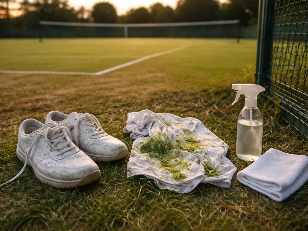 Chaussures et vêtements tachés d’herbe près d’un court de tennis en herbe, avec linge de nettoyage.