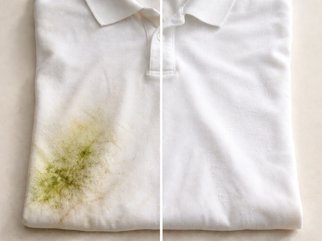 Gros plan d’un polo blanc taché d’herbe, puis aperçu après rinçage à l’eau froide.