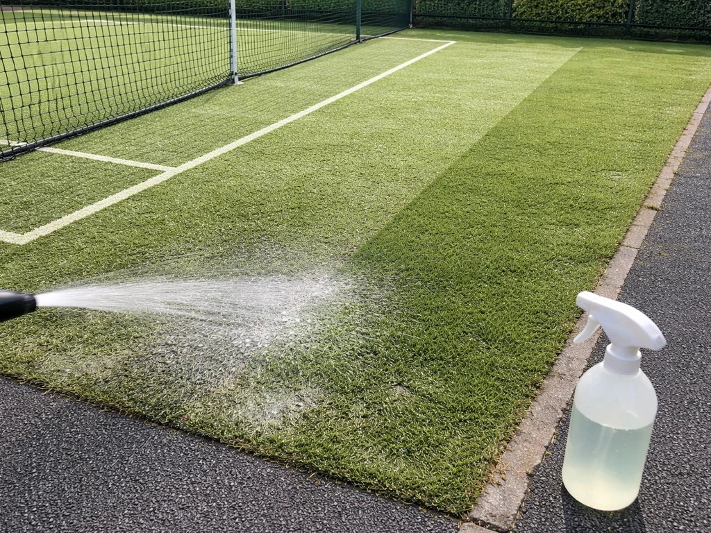 Court de tennis au gazon synthétique, jet d’eau et produit à pH neutre, zones traitée et non traitée visibles.