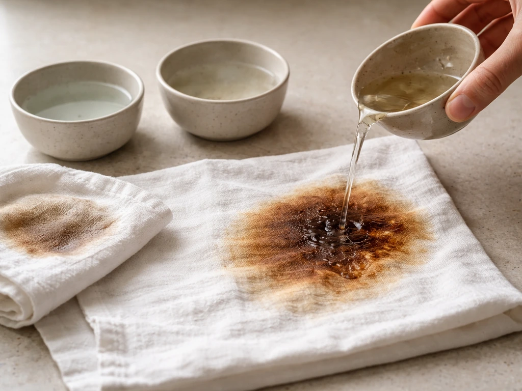 Serviette tachée comparant tache aggravée par eau chaude et frottage à sec, puis résultat avec eau froide