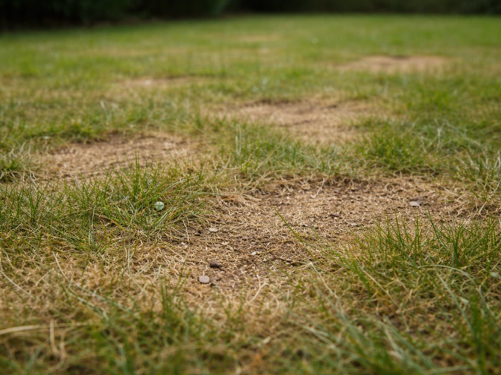 Pelouse française en gros plan : zones de papilles en herbe bien visibles avec brins d’herbe abîmés autour.