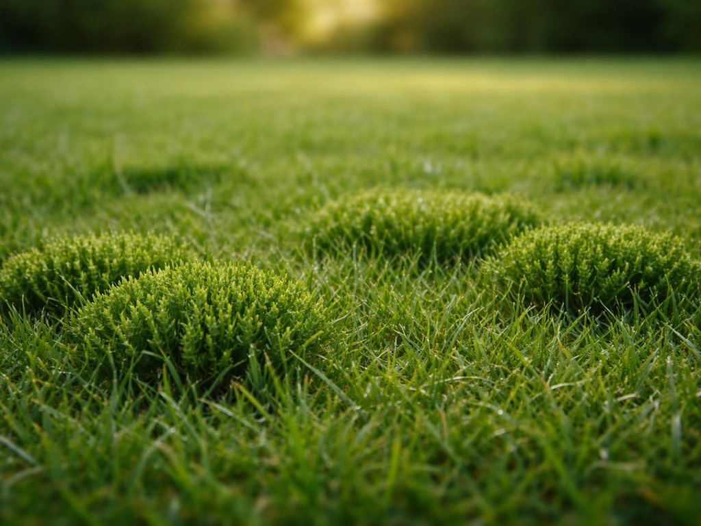 Gros plan d’un gazon ras montrant des petites touffes vertes (papilles en herbe) bien distinctes.