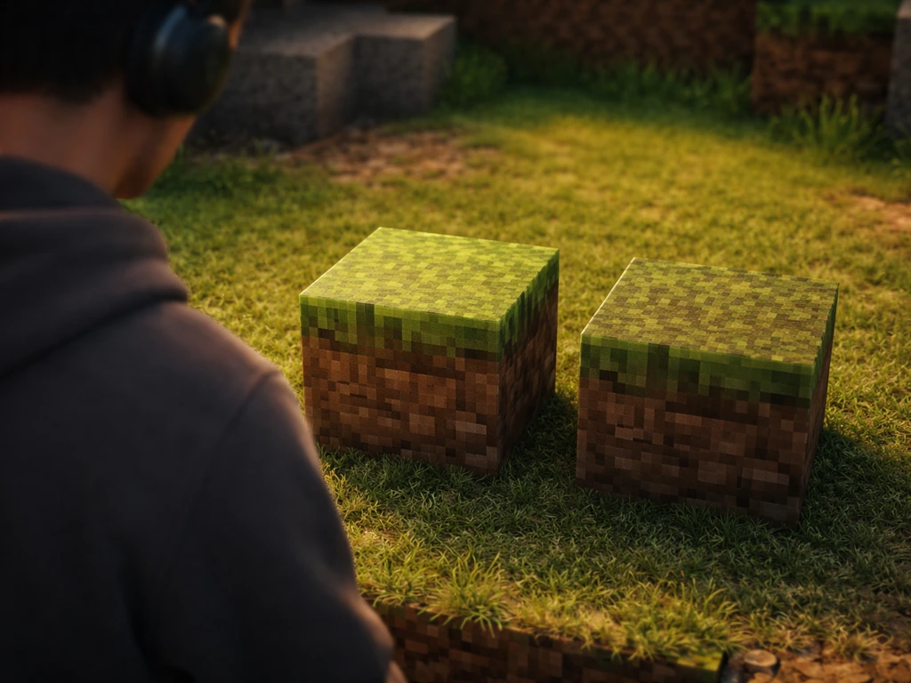 Dans Minecraft, deux blocs au sol : un bloc d’herbe verdoyant et un bloc herbeux différent, en lumière naturelle.