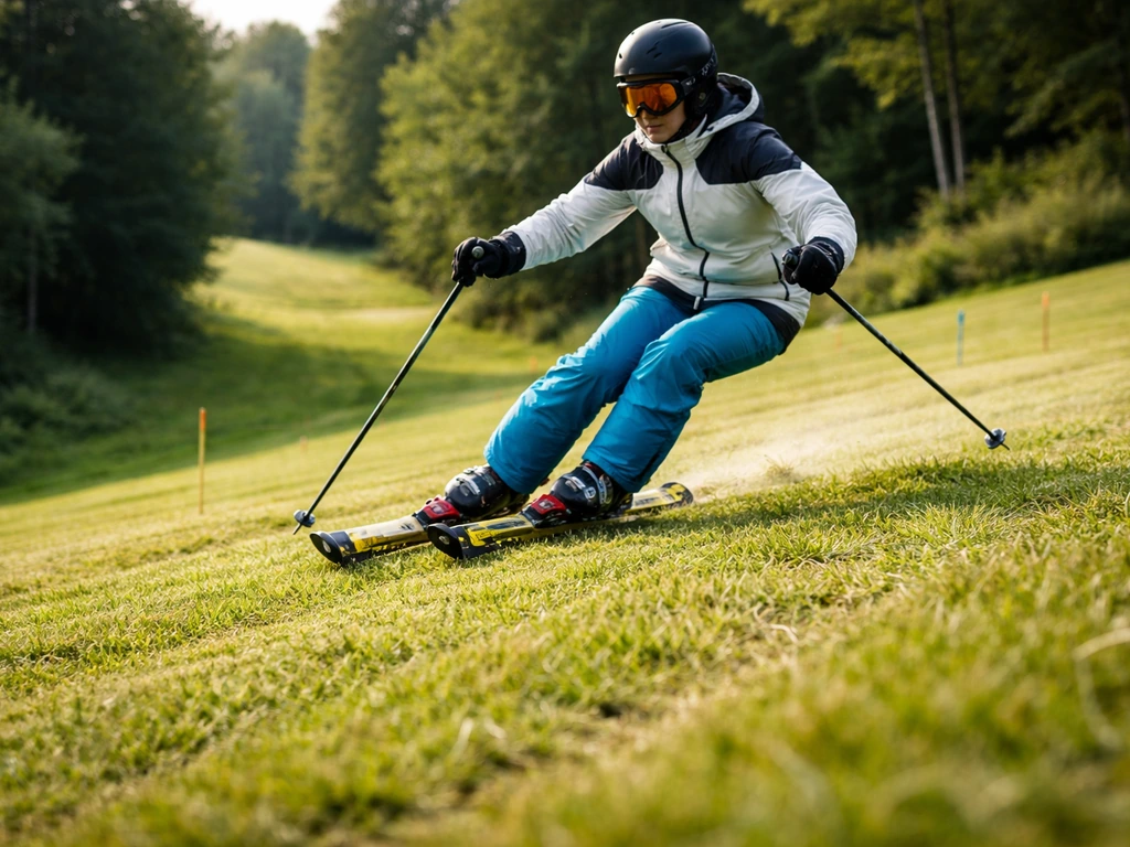 Descente de ski sur herbe sur une pente de gazon fraîchement tondu, skis et herbe au premier plan.