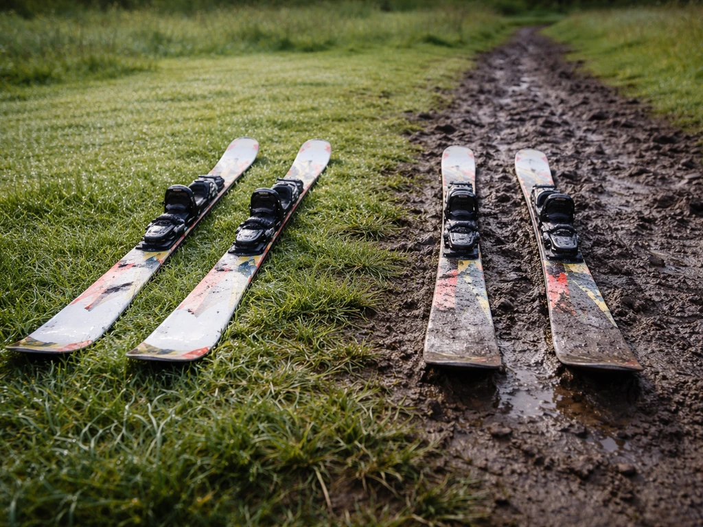 Deux skis posés sur une herbe légèrement humide, près d’une zone de sol détrempé et sombre, ambiance matin fraîche.