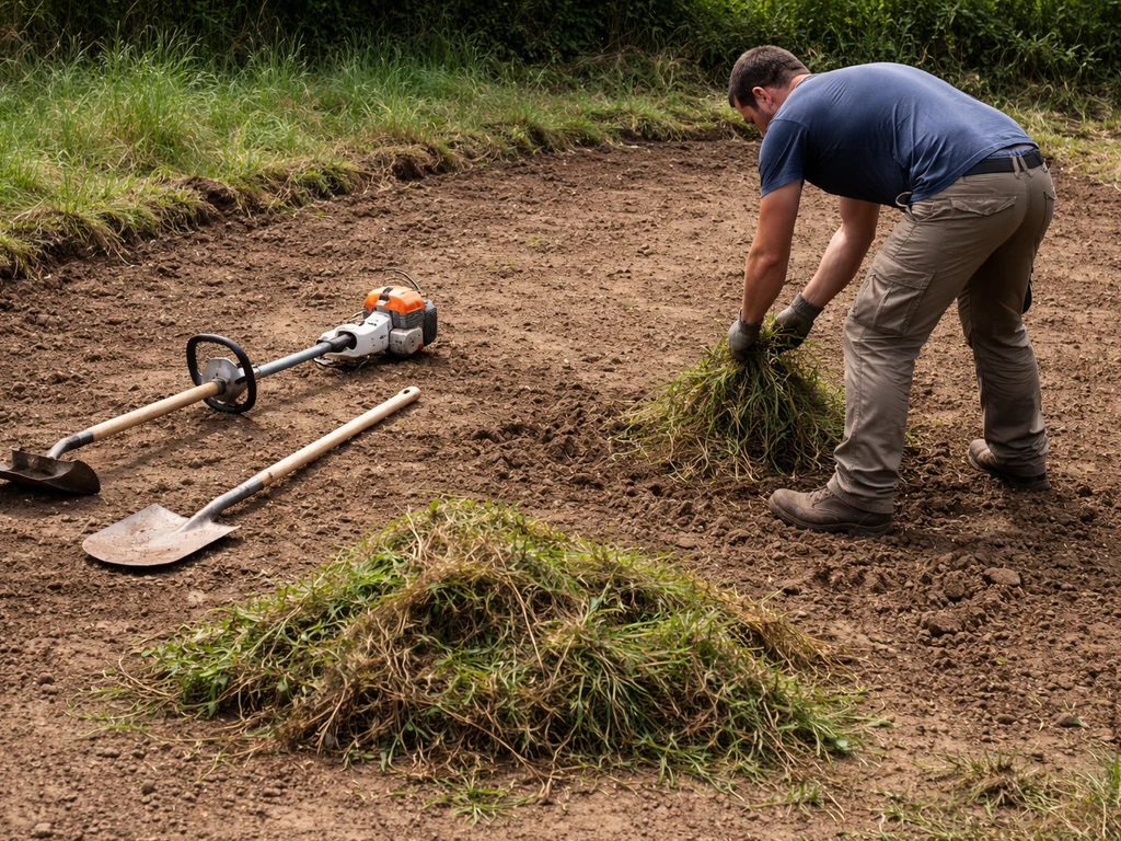 Chantier : herbe et racines arrachées, sol mis à nu avec pelle et débroussailleuse à côté.