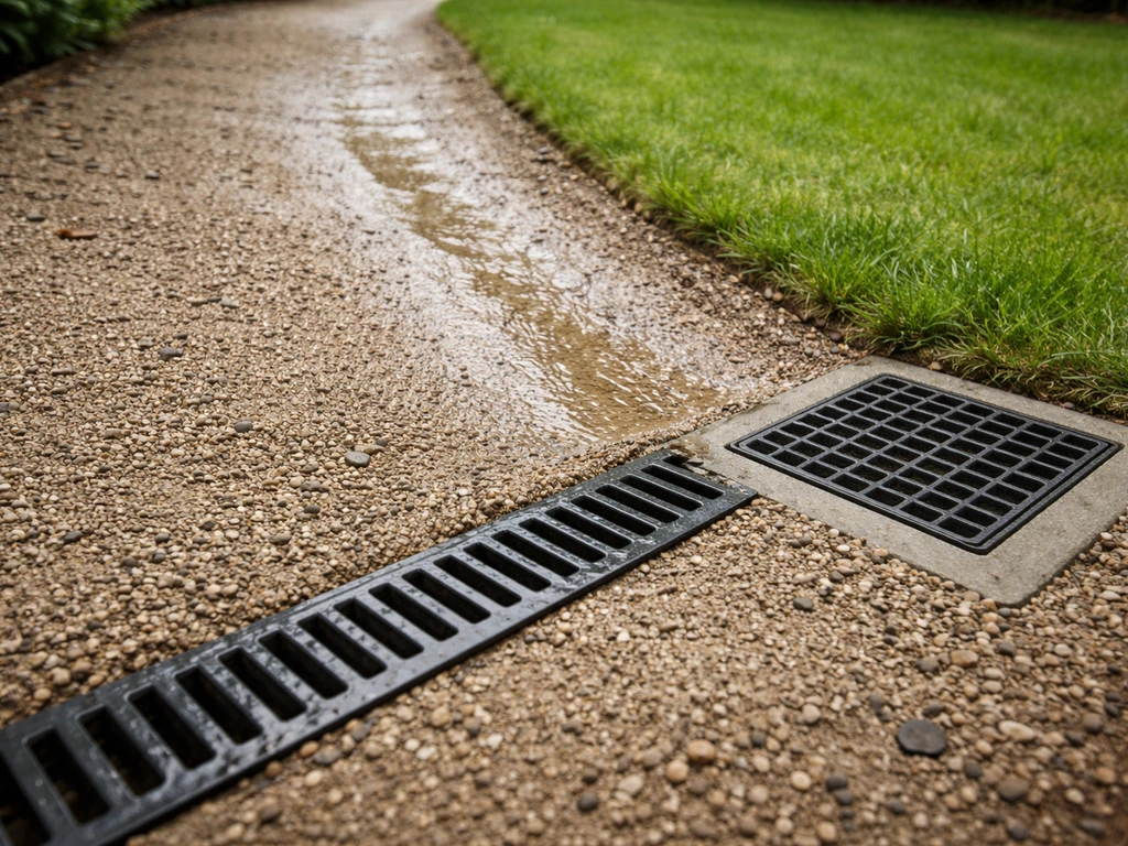 Pente de jardin vers un caniveau et un regard, traces d’écoulement montrant la direction de l’eau.