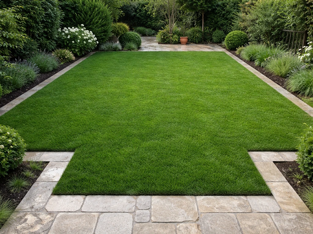 Terrasse en herbe verdoyante prête à vivre, entourée d’allées et bordures nettes, ambiance jardin français.