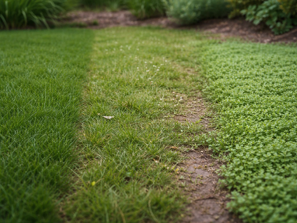Parcelle de jardin divisée en trois zones : gazon ras, mélange résistant et couvre-sol, au sol, en lumière naturelle.