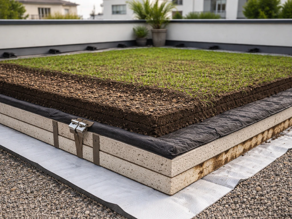 Toit-terrasse avec étanchéité visible sous substrat, couches superposées et herbe fraîchement installée.