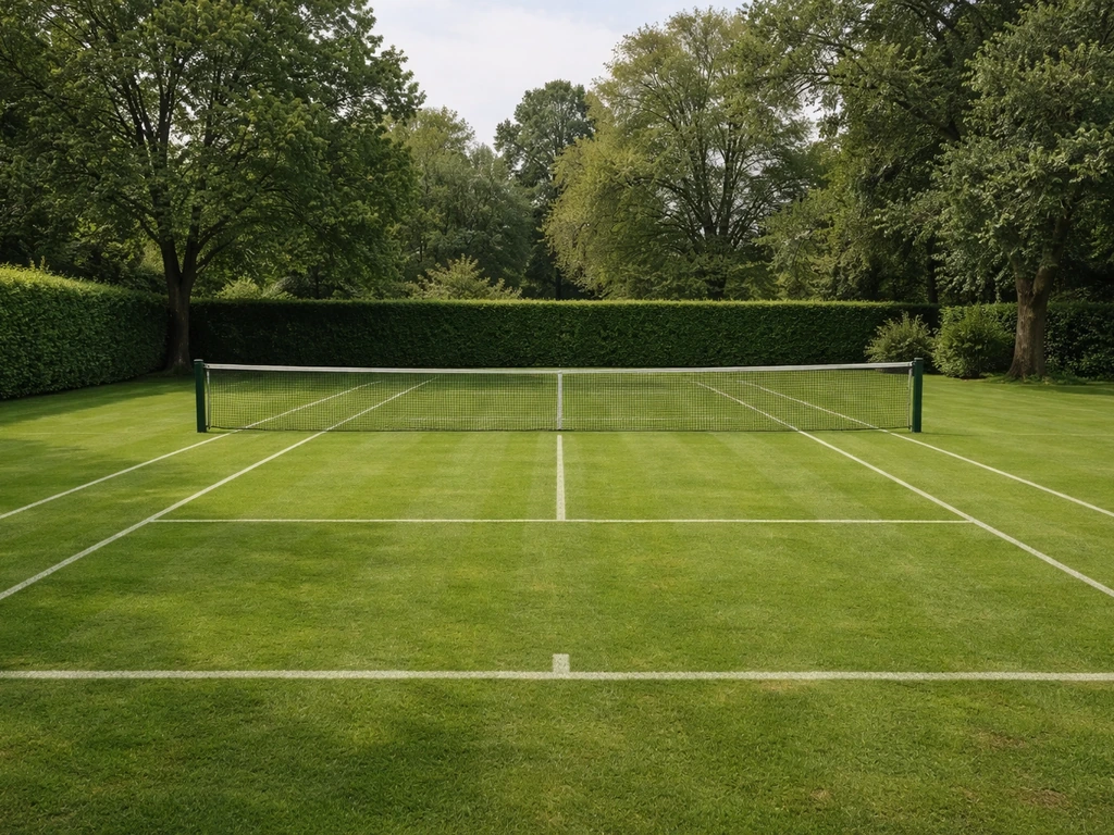 Vue d’une aire de tennis sur herbe prête à jouer, filet tendu, gazon vert compacté dans un jardin.
