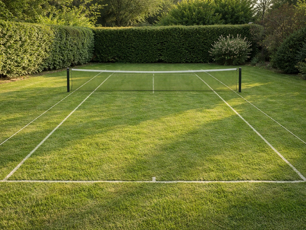 Petit court de tennis sur herbe amateur dans un jardin, avec filet et pelouse délimitée au cordeau.