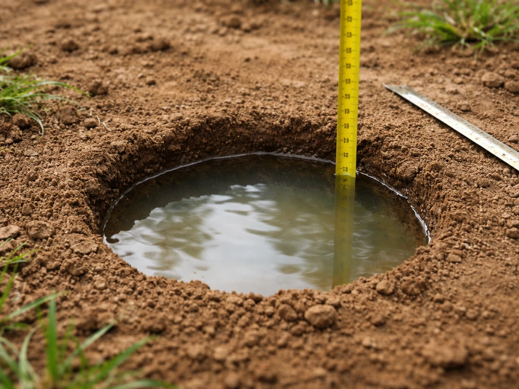 Trou d’environ 30 cm rempli d’eau avec une règle au sol pour mesurer la perméabilité du sol.