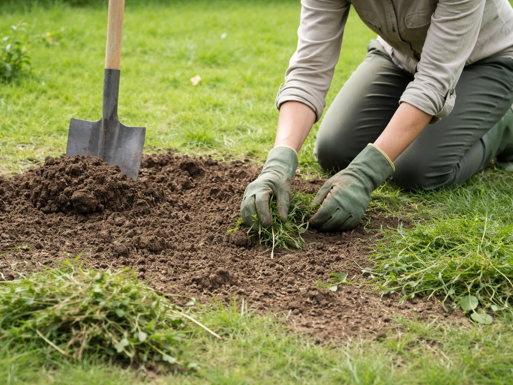 Jardinier désherbant puis décaissement manuel d’une pelouse, terre végétale enlevée, sol en préparation.