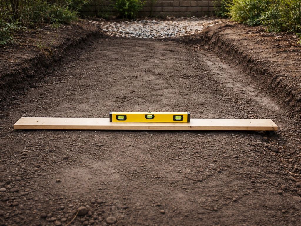 Niveau à bulle sur une planche au-dessus d’un sol décapé, montrant la préparation du drainage.