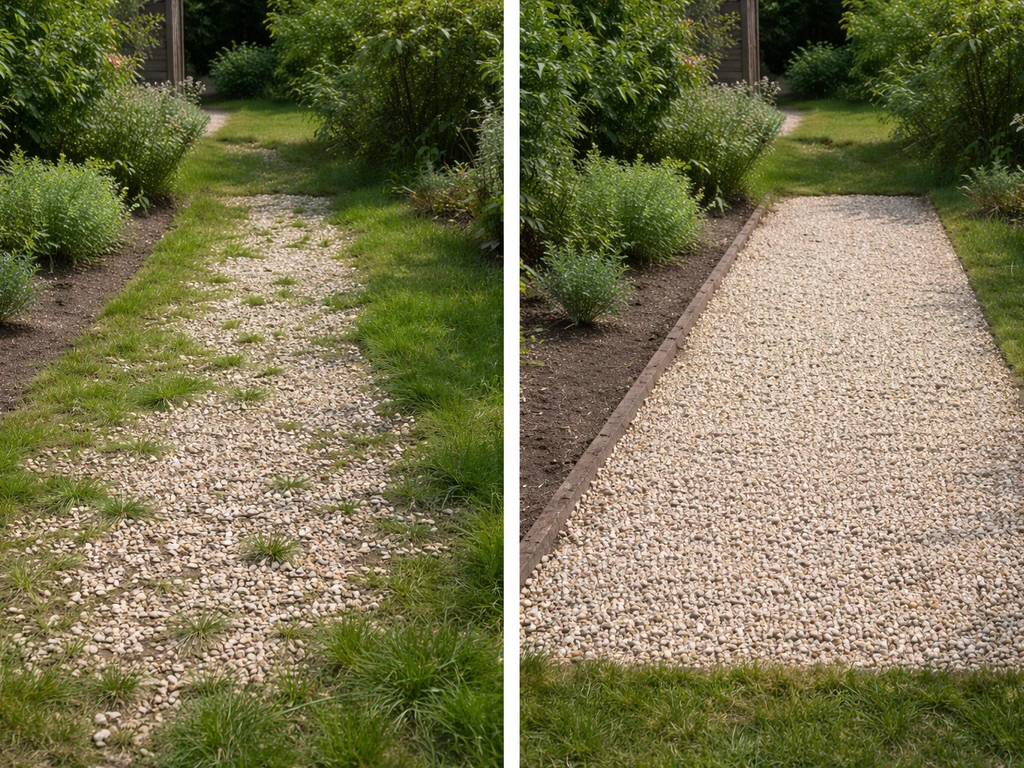 Comparaison avant/après : gravier posé sur l’herbe avec repousse visible, puis allée nettoyée et uniforme.