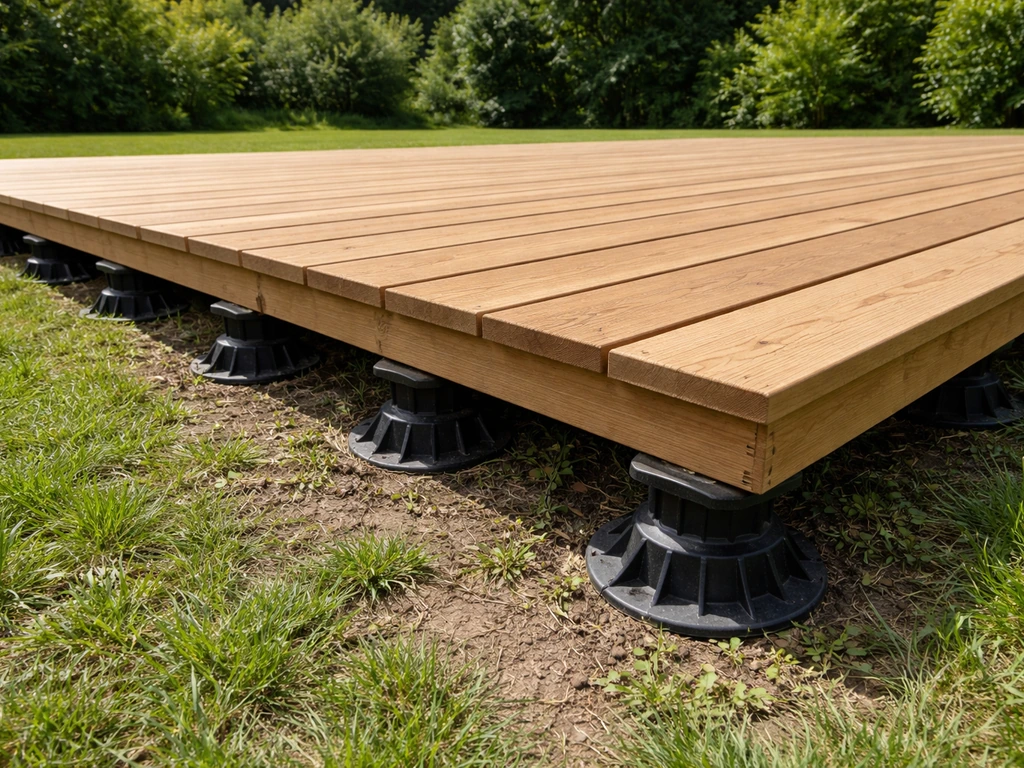 Terrasse bois sur herbe finie, posée sur plots, lames alignées et sol végétal visible entre la structure.