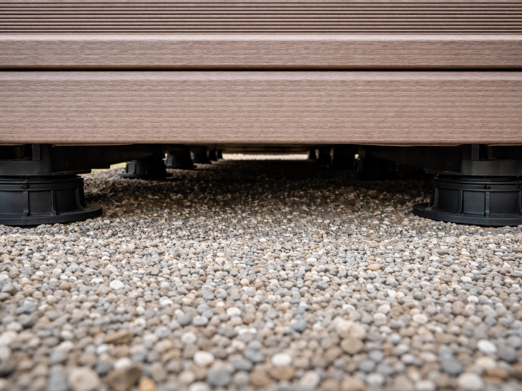 Détail du dessous d’une terrasse bois : vide ventilé et base drainante avec absence de contact prolongé.