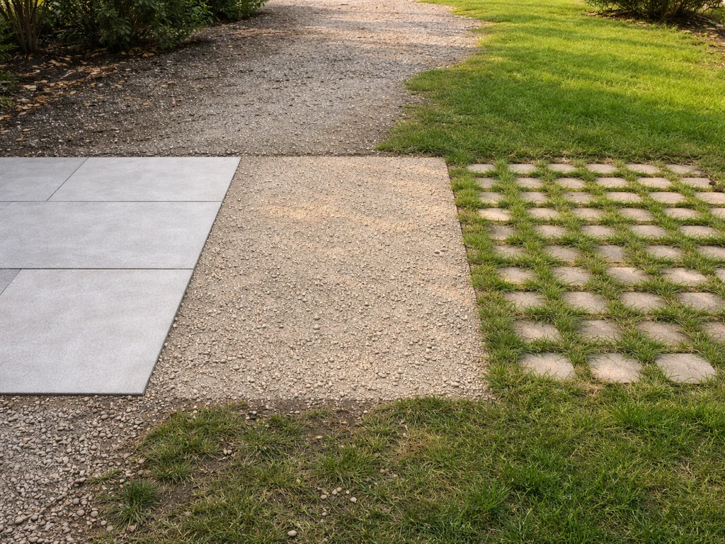 Comparaison de trois options de terrasse : dalle béton, tout-venant compacté et terrasse sur herbe, posées côte à côte.